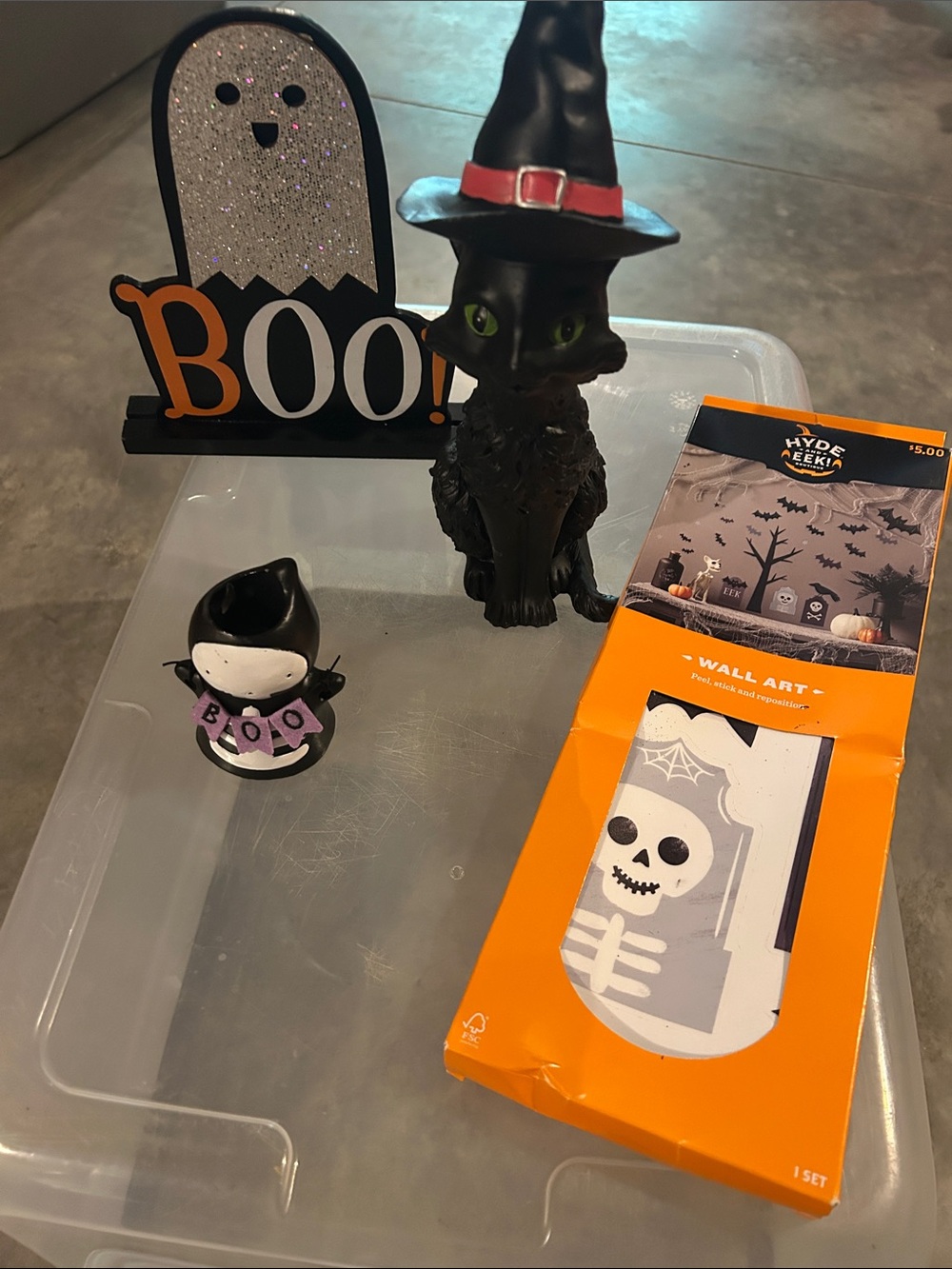 Halloween Decor Bundle- Wall Art, Cat Statue and Skeleton plant pot